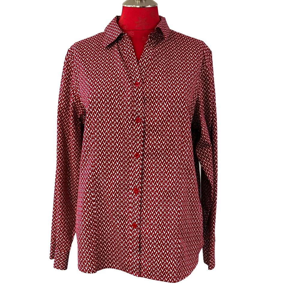 Chico’s blouse size 2/L red & white geometric print cotton button front shirt